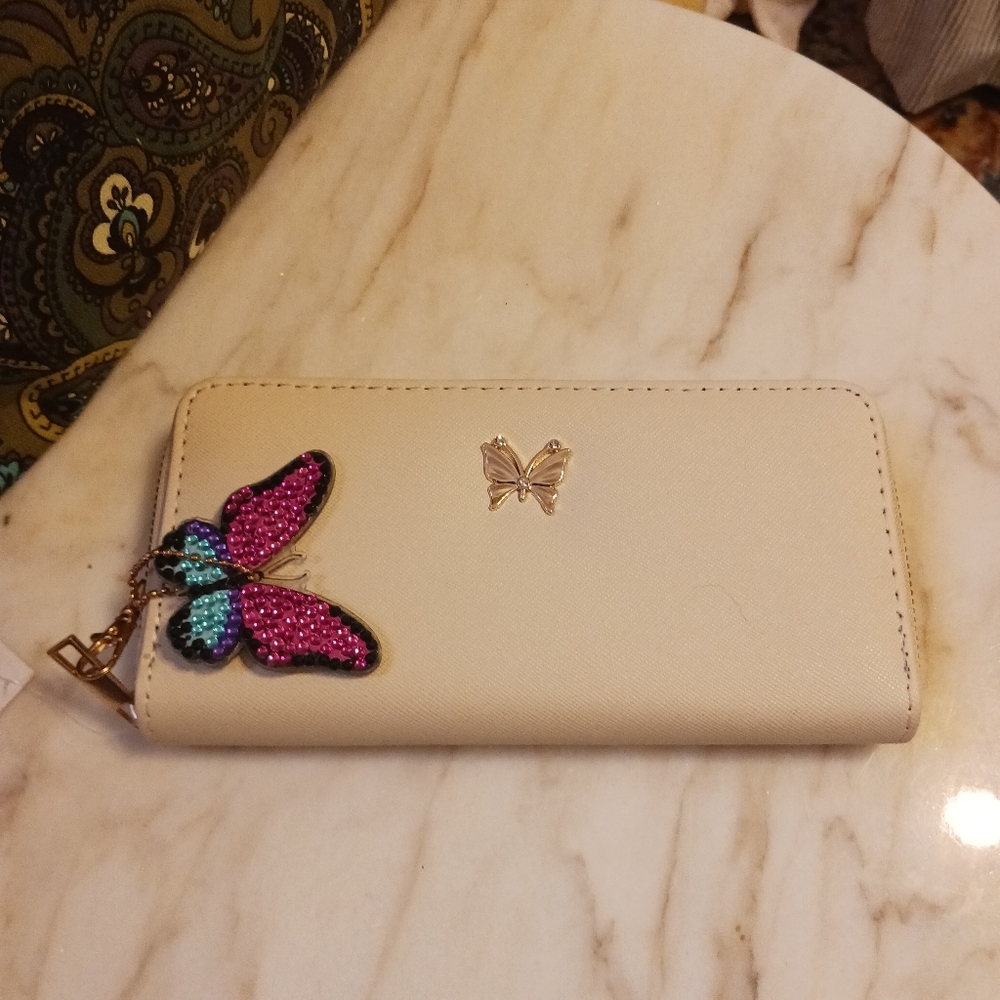 Cream Butterfly Accent Zip-Around Wallet